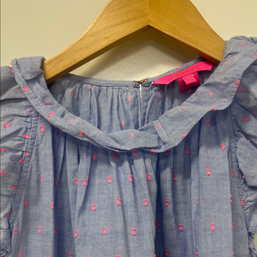 Lilly Pulitzer Top, Ruffle, Sleeveless, Blue w/Pink, Flowy, Feminine - Picture 4 of 12